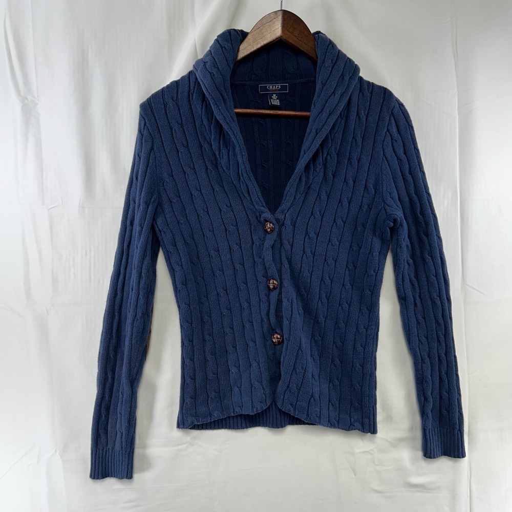 Chaps Cardigan Sweater Womens M Blue Cable Knit Shawl Collar Elbow Patches